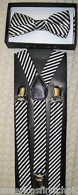 Diagonal StripsTuxedo Bow Tie & Diagonal Stripes Adjustable Suspenders Combo-New
