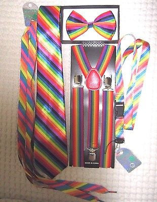 Unisex Rainbow Stripes Adjustable Bow tie,Neck Tie,Suspenders,Lanyard,Shoelaces