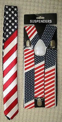 US Flag American Flag 1 1/2" Adjustable Suspenders&US Patriotic Flag Neck Tie-v2