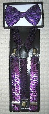 Purple Sequin Bowtie Bow Tie & Purple Sequin Adjustable Suspenders Combo Set-V1