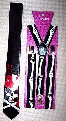 Unisex Bloody Skeleton Neck Tie & Skeleton Bones Adjustable Y-Back Suspenders