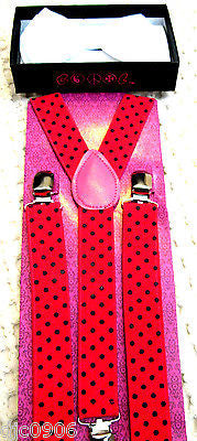 Solid White Adjustable Bow tie & Hot Pink with Black Polka Dot Suspenders Combo