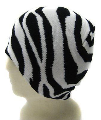 Black and White Zebra Animal Print Winter Knitted Skull Beanie Ski Cap-New!