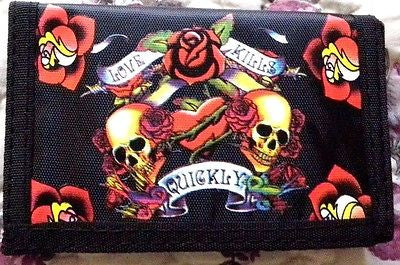 SKULLS ROSES LOVE KILLS QUICKLY Wallet Unisex Men's 4.5" x 3" W-New in Package!