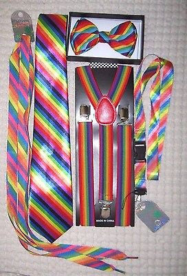 Unisex Rainbow Stripes Adjustable Bow tie,Neck Tie,Suspenders,Lanyard,Shoelaces