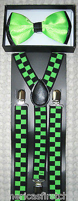 NEON GREEN BLACK TIPS TUXEDO BOW TIE+ NEON GREEN CHECKERS SUSPENDERS COMBO-NEW!