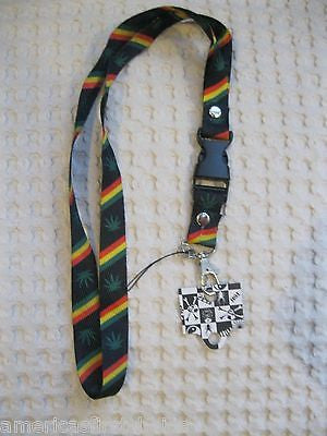 White w/ Rasta Stripes Marijuana MJ Weed Leaves 15" Lanyard ID Holder Keychain