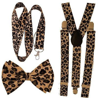 Leopard Print Unisex Adjustable Bowtie,Adjustable Suspenders & Lanyard Combo-New
