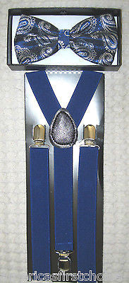 Dark Blue Paisley Pattern Adjustable Bow Tie & Blue Paisley Y-Back Suspenders