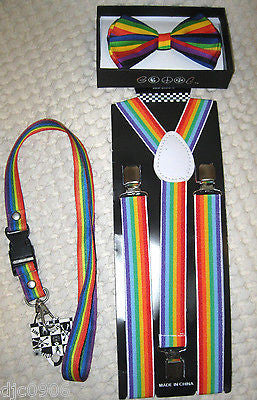 Rainbow Swirl Unisex Adjustable Bow tie,Rainbow Suspenders & Lanyard Combo-New
