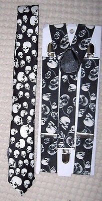 Unisex Large Skulls and Crossbones Neck Tie & Matching Wide Suspenders Combo-New