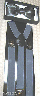 Solid Gray Tips Adjustable Bowtie & Solid Gray Adjustable Suspenders Combo-New!