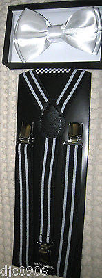 Black & White Stripes Bow Tie + Black & White Stripes Adj Suspenders Combo-New