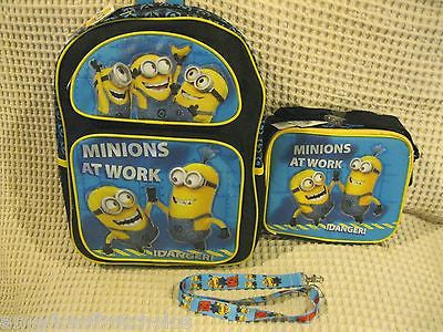 Despicable Me 2 Minions At Work 16" Backpack & Lunch Box Lunch Bag + Lanyard-New