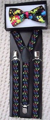 MULTI-COLOR PAINT SPLATTER TUXEDO BOW TIE+ MATCHING ADJUSTABLE SUSPENDERS COMBO