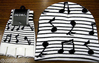Black and White Musical Notes Beanie Ski Cap + Musical Notes Match Gloves -New!