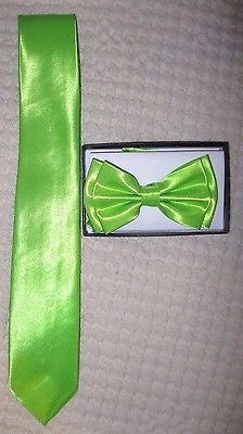 Solid Neon Lime Green Adjustable Bow Tie & Neon Lime Green Neck tie Set-New!v2