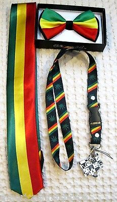 Rasta Stripes Adjustable Bow Tie & Thick Rasta Stripes Necktie 420 Combo-New!V4
