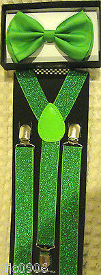 Neon Green Adjustable Bow Tie & Neon Green Adjustable Glittered Suspenders Combo