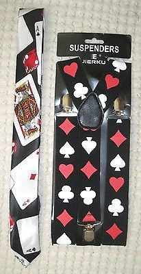 Poker Player Cards 4 Suite Adjustable Necktie and Poker 1 1/2" Suspenders-New!v7