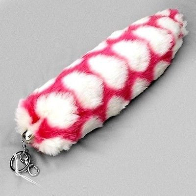 PINK WHITE HEARTS FAUX TIGER TAIL FOX TAIL FOXTAIL KEYCHAIN 12" BELT CLIP-NEW!