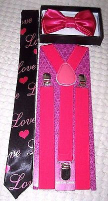Pink Adjustable Bow Tie,Love Hearts Necktie,& Hot Pink Y-Back Suspenders Combo-V