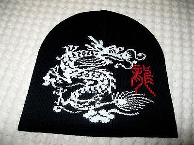 Large Chinese White Dragon on Black Winter Knitted Skull Beanie Ski Cap-New!