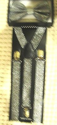Silver Sequin Adjustable Bow tie & Silver Glittered Adj. Suspenders Combo-New!V4