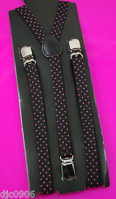 Unisex Thin 3/4" Black w/ Pink Polka Dots Adjustable YStyle Back suspenders-New