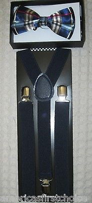 Blue Gargoyle Plaid Adjustable Bow Tie & Navy Dark Blue Suspenders Combo Set-New