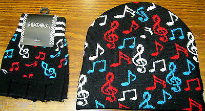 Red White Blue Musical Notes Beanie Ski Cap + Musical Notes Match Gloves -New!