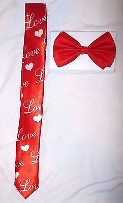 SOLID RED ADJUSTABLE BOWTIE + RED WITH LOVE AND HEARTS  NECKTIE NECK TIE-NEW!