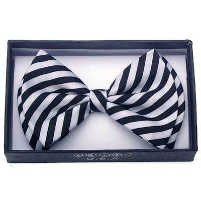 BLACK AND WHITE DIAGONAL STRIPES ADJUSTABLE STRAP TUXEDO BOW TIE-NEW GIFT BOX!