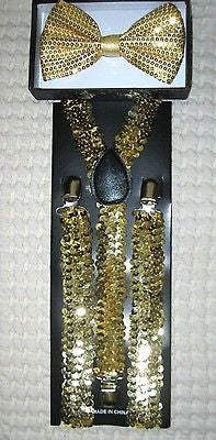 Gold Sequin Adjustable Bow tie&Gold Sequence Adjustable Suspenders Combo-New!v5
