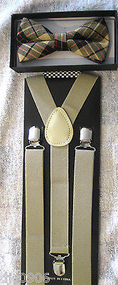Tan Beige Black Plaid Adjustable Bowtie & Beige Adjustable Suspenders Combo-New!