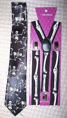 Unisex Dancing Skeleton Neck Tie & Skeleton Bones Adjustable Y-Back Suspenders