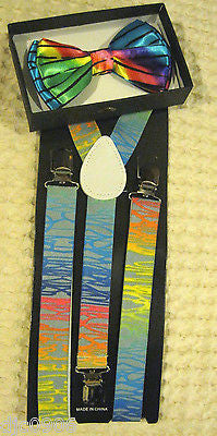 Rainbow Waterprint Design Adjustable Bowtie and Adjustable Suspenders Combo-New!