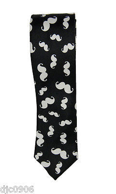 Unisex Black with White Mustaches Neck tie 56" L x 2" W-Mustache Tie-New!