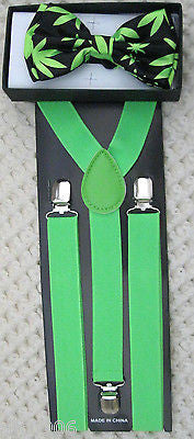 Neon Marijuana MJ Weed Leaves Bow tie + Neon Green Adjustable Suspenders Combo