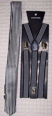 Black&White Stripes Neck Tie & Black and White Stripes Adjustable Suspenders Set