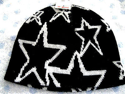White Stars on Black Winter Knitted Skull Beanie Ski Cap -New with Tags!