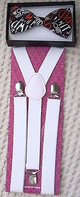 Unisex World with Music Bow Tie and White Adjustable Suspenders-New in Package!