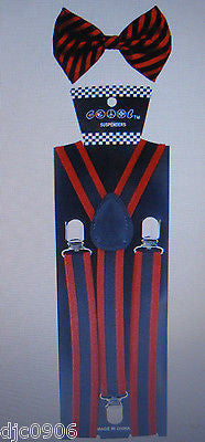 Black with White Tips Adjustable Bow Tie & Black White Stripes Suspenders Set-V2