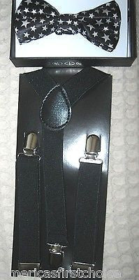 Kids Teens Black/White Polka Dot Bow Tie & Black Adjustable Suspenders Combo-New