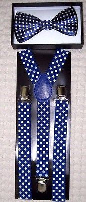 Navy Blue with White Polka Dot Adjustable Bow Tie & Y-Back Suspenders Combo-New!