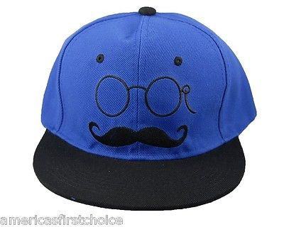 Unisex Fashion Trucker Blue Hat w/ Embroidered Mustache & Sunglasses Cap-New