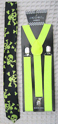Black w/ Neon Yellow Green Skulls Neck Tie & Neon Yellow Y-Back Suspenders-New!