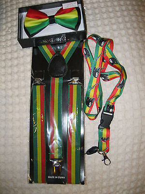 Rasta (green/yellow/red) Adjustable Bowtie,Rasta Suspenders,&Rasta Lanyard Combo