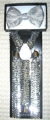 Silver Sequin Adjustable Bow tie & Silver Sequin Adj. Suspenders Combo-New! V2
