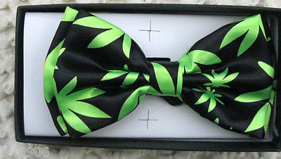 BLACK WITH NEON GREEN MARIJUANA MJ WEED LEAVES ADJUSTABLE  BOW TIE-NEW GIFT BOX!